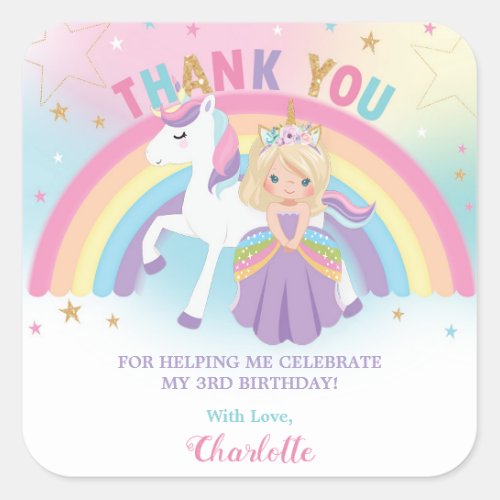 Unicorn Blonde Princess Birthday Thank You Favor Square Sticker