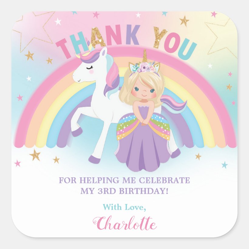 Unicorn Blonde Princess Birthday Thank You Favor Square Sticker (Front)