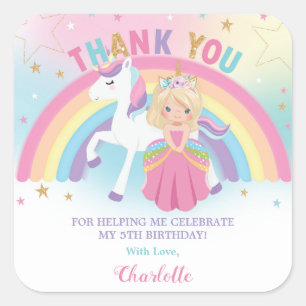 Unicorn Blonde Princess Birthday Thank You Favor Square Sticker