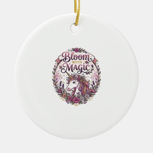 Unicorn Bloom with Magic POD Ready White Backgroun Ceramic Ornament