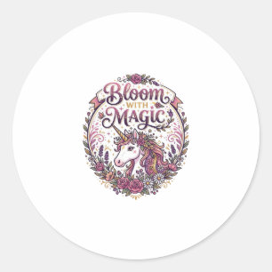 Unicorn Bloom with Magic POD Ready White Backgroun Classic Round Sticker