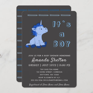 Unicorn Blue Baby Boy Shower Invitation Card
