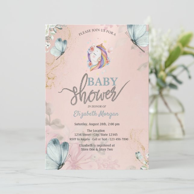 Unicorn Blue Butterflies Baby Shower Invitation (Standing Front)