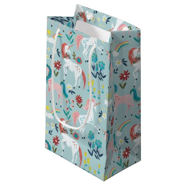 Unicorn blue cute magical girls first birthday wra small gift bag (Front Angled)
