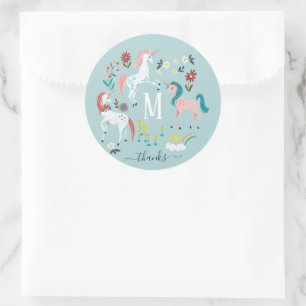 Unicorn blue cute magical girls monogram birthday classic round sticker