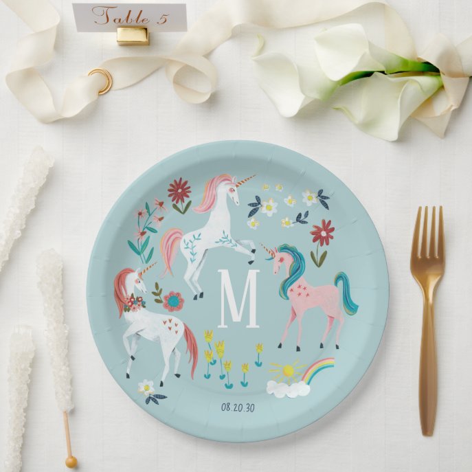Unicorn blue cute magical girls monogram birthday paper plates