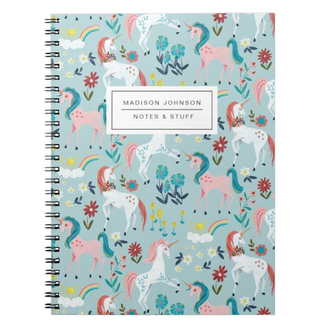 Unicorn blue cute magical rainbow girls notebook (Front)