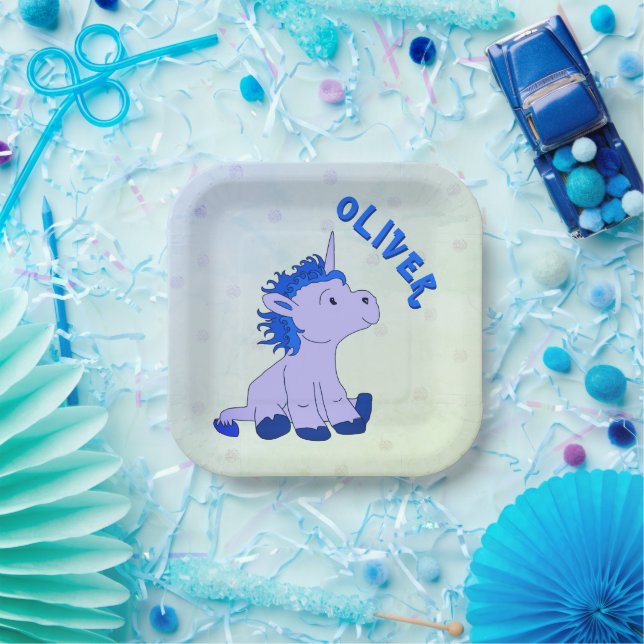 Unicorn Blue Dot Pattern Girl Birthday  Paper Plates (Party)