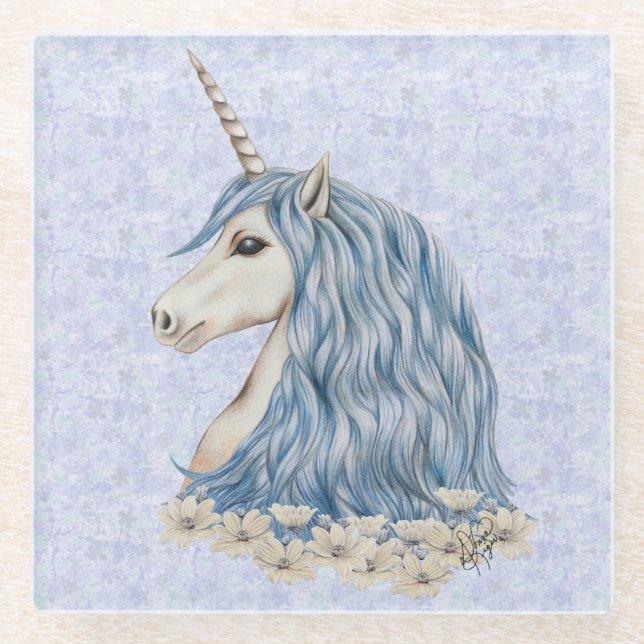 Unicorn Blue Hair Glass Coaster (Front)