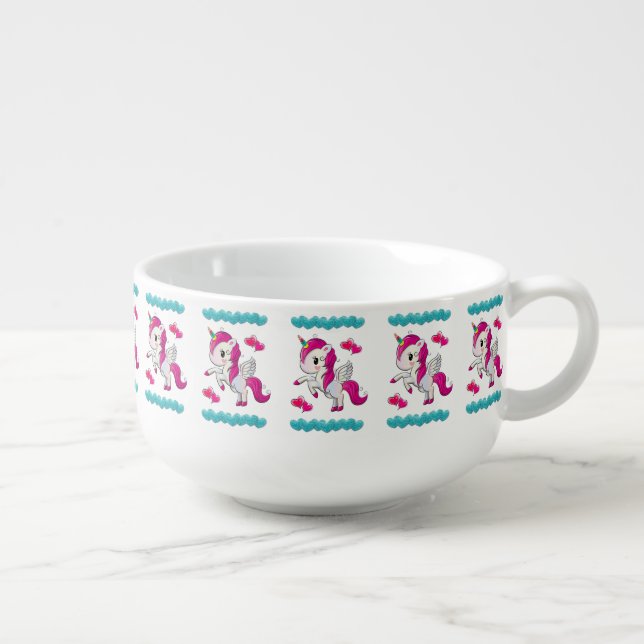 Unicorn Blue Hearts Soup Mug (Left)