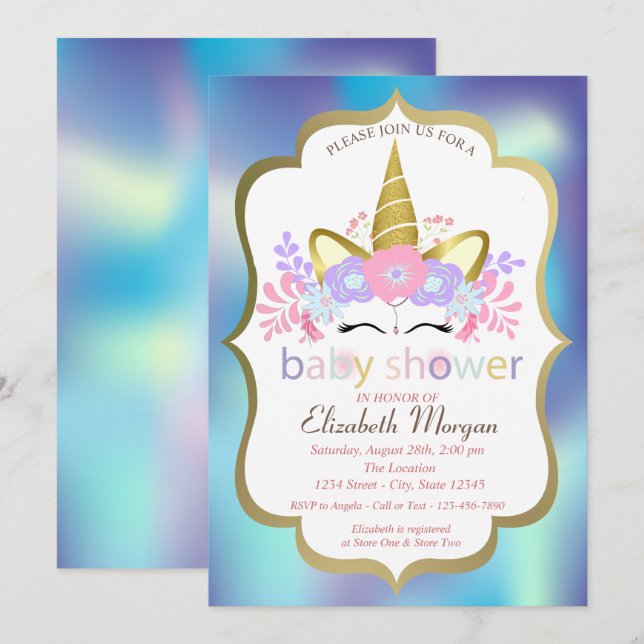 Unicorn,Blue Holographic Baby Shower Invitation (Front/Back)