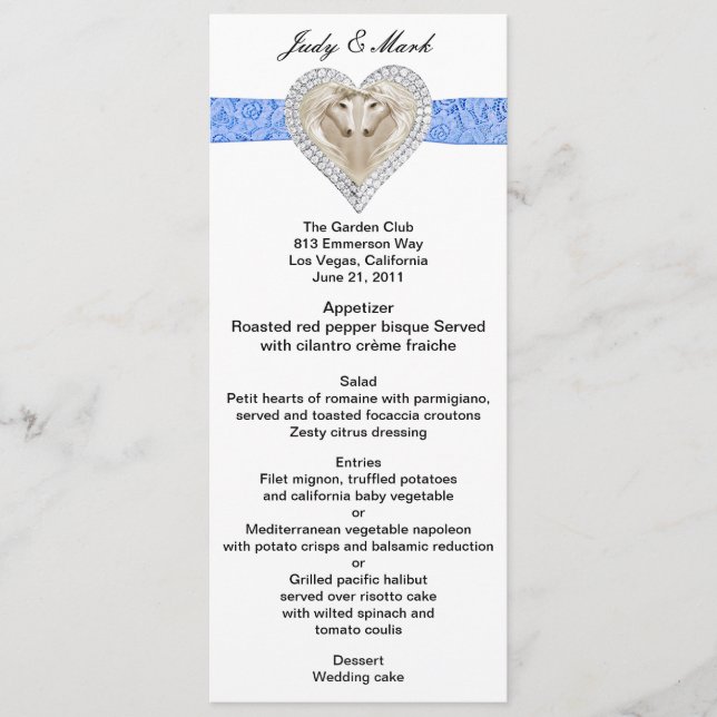 Unicorn Blue Lace Wedding Menu Card (Front)
