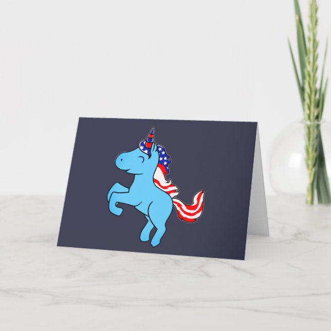 Unicorn Blue Patriotic USA Flag Mane Cartoon Card (Front)