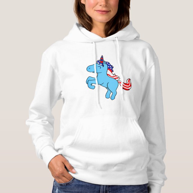Unicorn Blue Patriotic USA Flag Mane Cartoon Hoodie (Front)