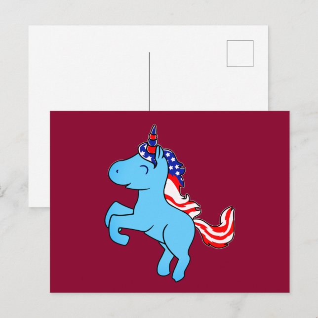 Unicorn Blue Patriotic USA Flag Mane Cartoon Postcard (Front/Back)