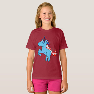 Unicorn Blue Patriotic USA Flag Mane Cartoon T-Shirt