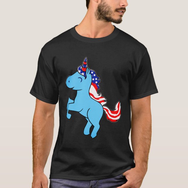 Unicorn Blue Patriotic USA Flag Mane Cartoon T-Shirt (Front)