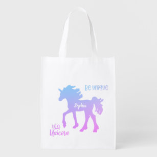 Unicorn Blue Pink Pastel Colorful Rainbow Grocery Bag