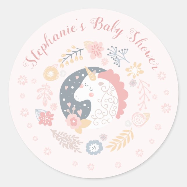 Unicorn Blush Florals Baby Shower Personalized Classic Round Sticker (Front)