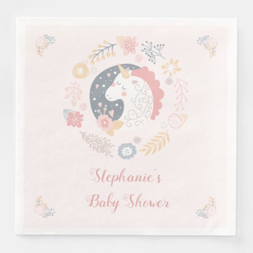 Unicorn Blush Florals Baby Shower Personalized Paper Dinner Napkins
