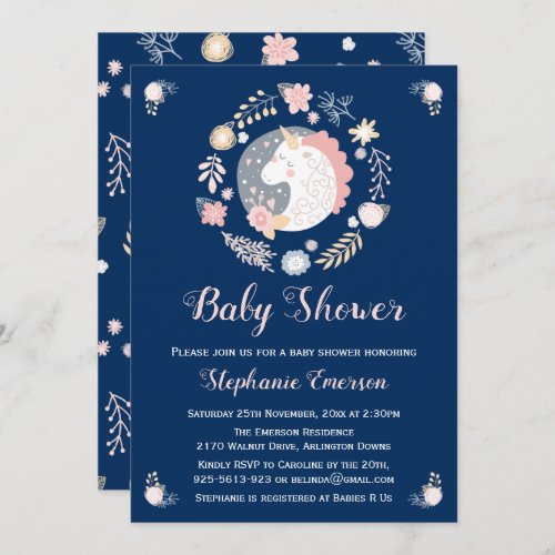 Unicorn Blush  Navy Baby Shower Invitations