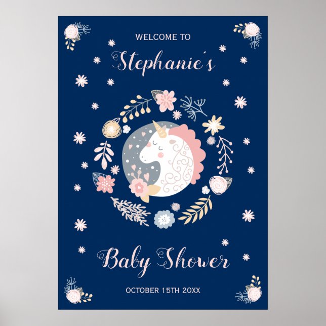 Unicorn Blush & Navy Baby Shower Personalized Poster (Front)
