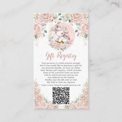 Unicorn Blush Pink Floral Gift Registry QR Code Enclosure Card