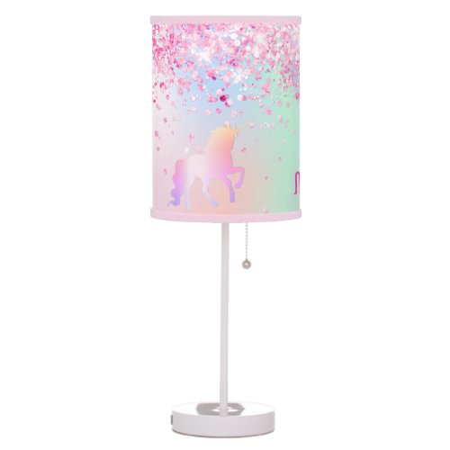 Unicorn blush pink glitter name girl table lamp