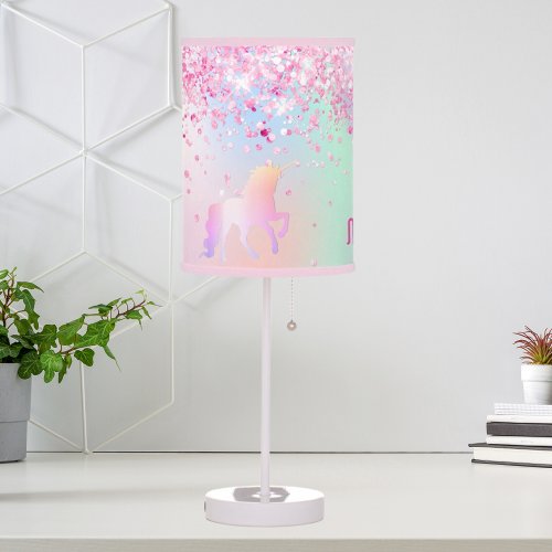 Unicorn blush pink glitter name girl table lamp