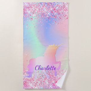 Unicorn blush pink purple glitter name girl beach towel