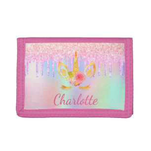 Unicorn blush pink purple glitter name girl cute tri-fold wallet