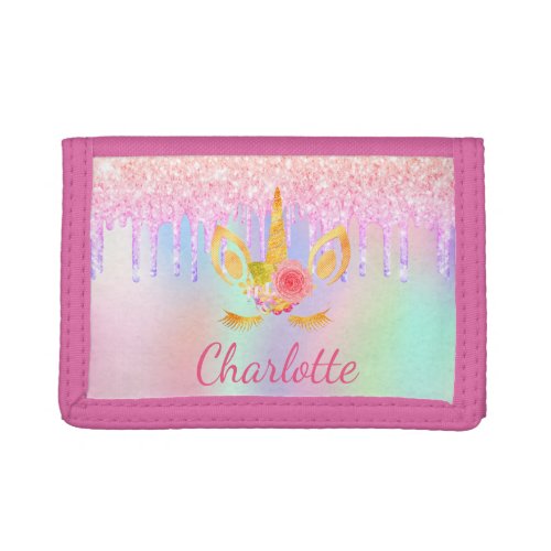 Unicorn blush pink purple glitter name girl cute trifold wallet