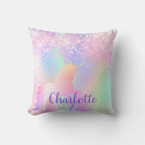 Unicorn blush pink purple glitter name script throw pillow