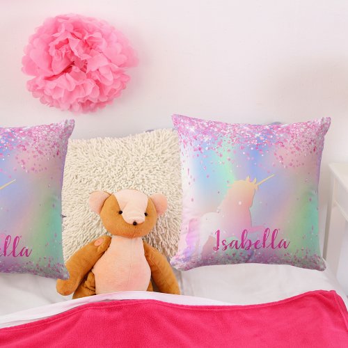 Unicorn blush pink purple glitter name script throw pillow