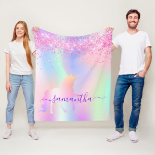 Unicorn blush pink purple name script fleece blanket