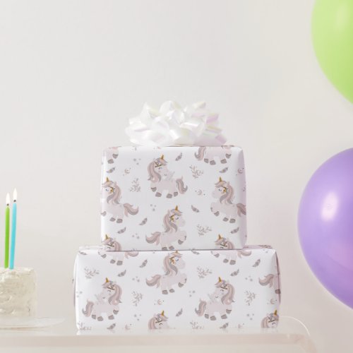 Unicorn Boho Trendy Pink Gray Baby Shower Wrapping Paper