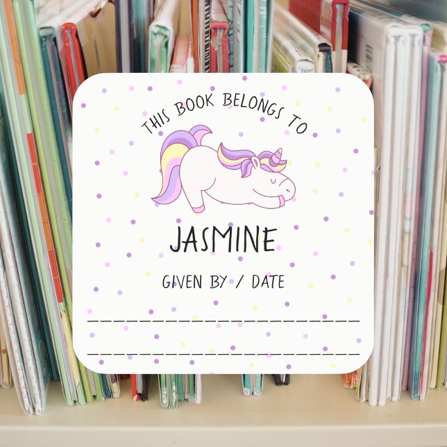 Unicorn book sticker, bookplate, library square sticker (Creator Uploaded)