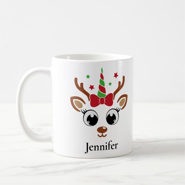 Unicorn Bow Red Green Reindeer Christmas Mug (Left)