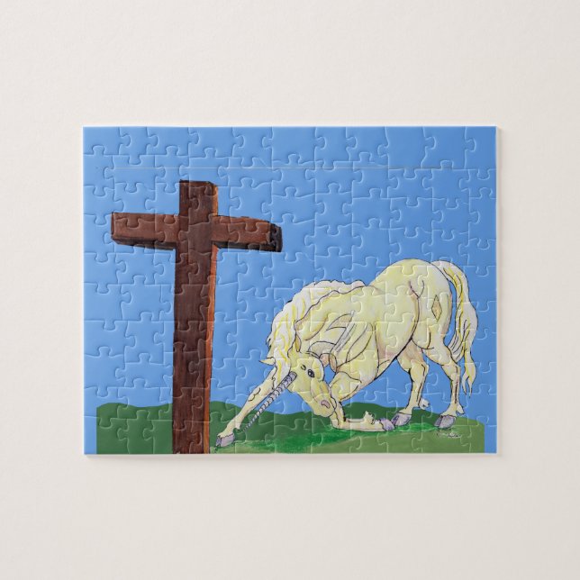Unicorn bowing to cross Christian puzzle (Horizontal)