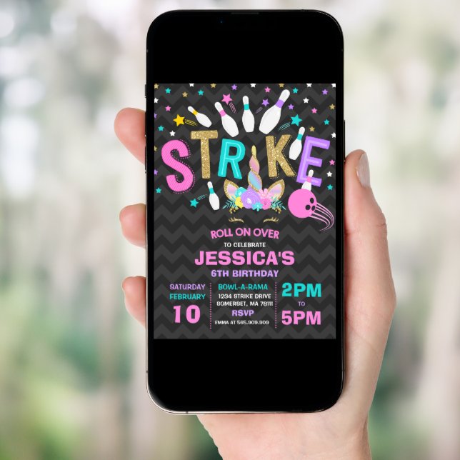 Unicorn Bowling Invitation Bowling Birthday Party (Front Digital)