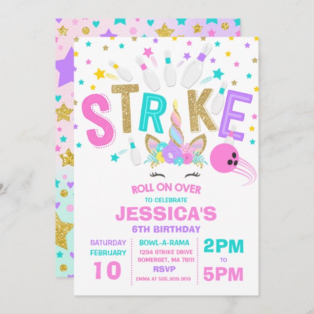Unicorn Bowling Invitation Bowling Birthday Party (Front/Back)