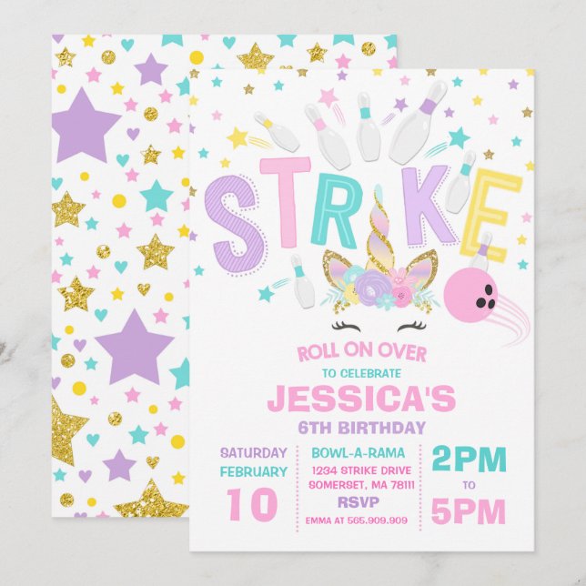 Unicorn Bowling Invitation Bowling Birthday Party (Front/Back)