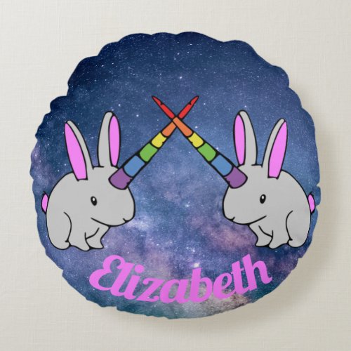 Unicorn Bunnies Pink Purple Space Galaxy Cute Fun Round Pillow