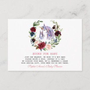 Unicorn Burgundy Flowers Books For Baby Shower Enclosure Card