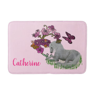 Unicorn Butterflies And Flowers Personalized Bath Mat