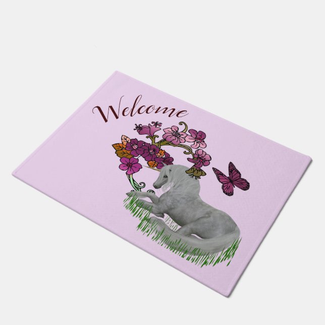 Unicorn Butterflies And Flowers Personalized  Doormat (Angled)
