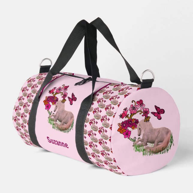 Unicorn Butterflies And Flowers Personalized Duffle Bag (Left Corner)