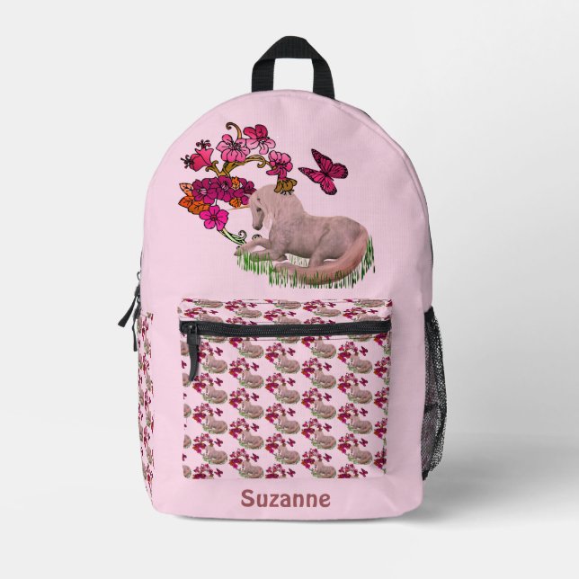 Unicorn Butterflies And Flowers Personalized Printed Backpack (Front)