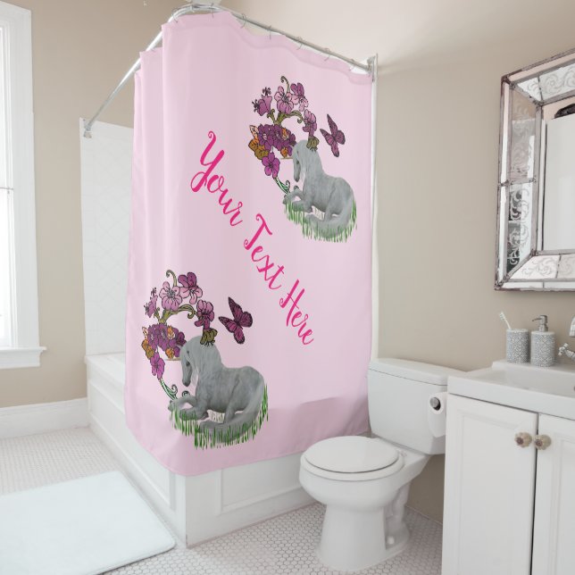 Unicorn Butterflies And Flowers Personalized Shower Curtain (In Situ)