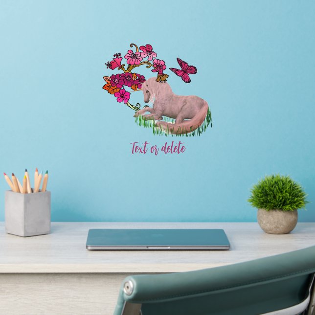 Unicorn Butterflies And Flowers Personalized   Wall Decal (Home Office 2)